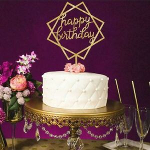 Cake Topper Happy Birthday Golden Tone Abstract